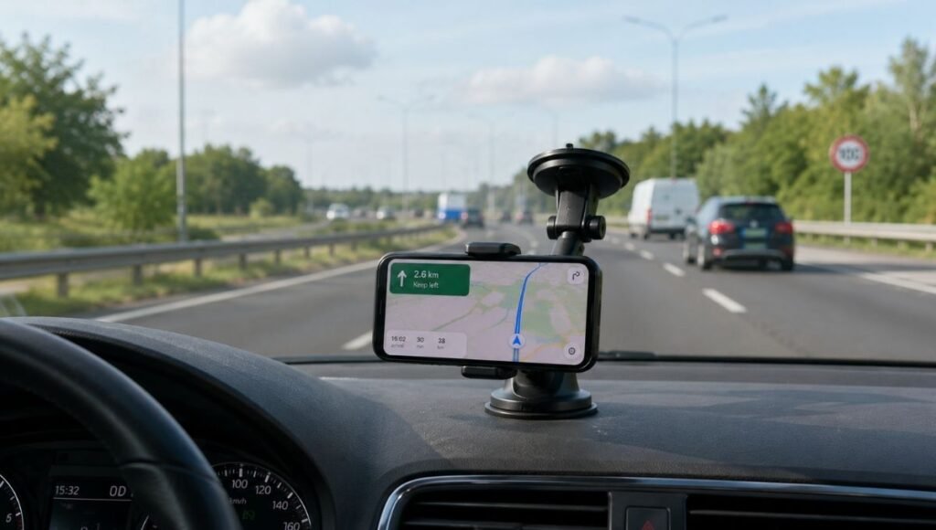 A windshield suction cup car phone mount with extending arm attached to the lower windshield area holding a smartphone showing GPS navigation