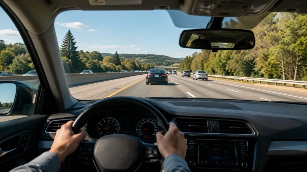 Driver maintaining a safe three-second following distance on a highway