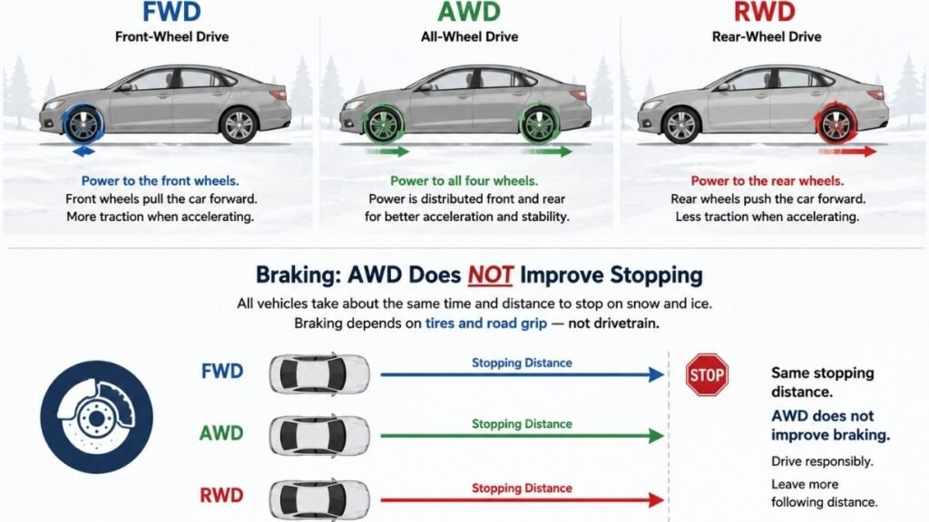 An infographic showing three vehicles — FWD AWD and RWD — on a snowy road with arrows indicating different traction and stopping distance characteristics for each drivetrain type in winter conditions