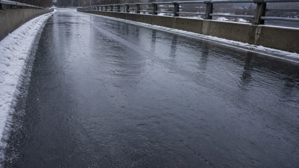 A road bridge surface in winter conditions showing a subtle glossy sheen that indicates black ice forming on the pavement making it look wet but actually being covered in transparent ice