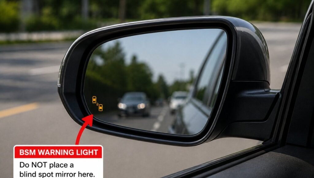 A car side mirror with the BSM blind spot monitoring warning light visible in the mirror housing showing the area that must remain uncovered when installing a blind spot mirror