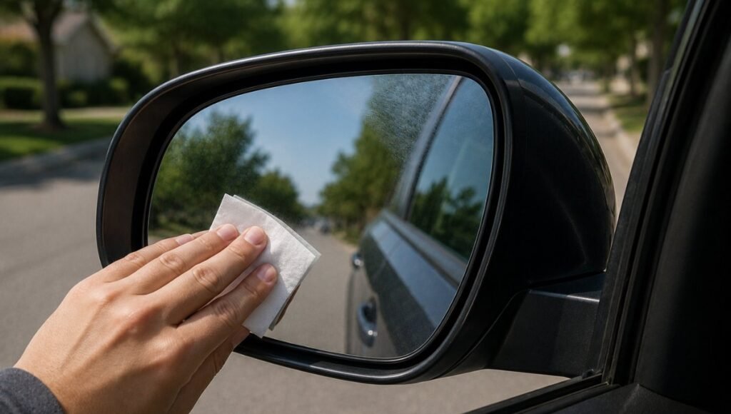A hand wiping a car side mirror glass with an isopropyl alcohol wipe to clean the surface before installing a blind spot mirror adhesive backing