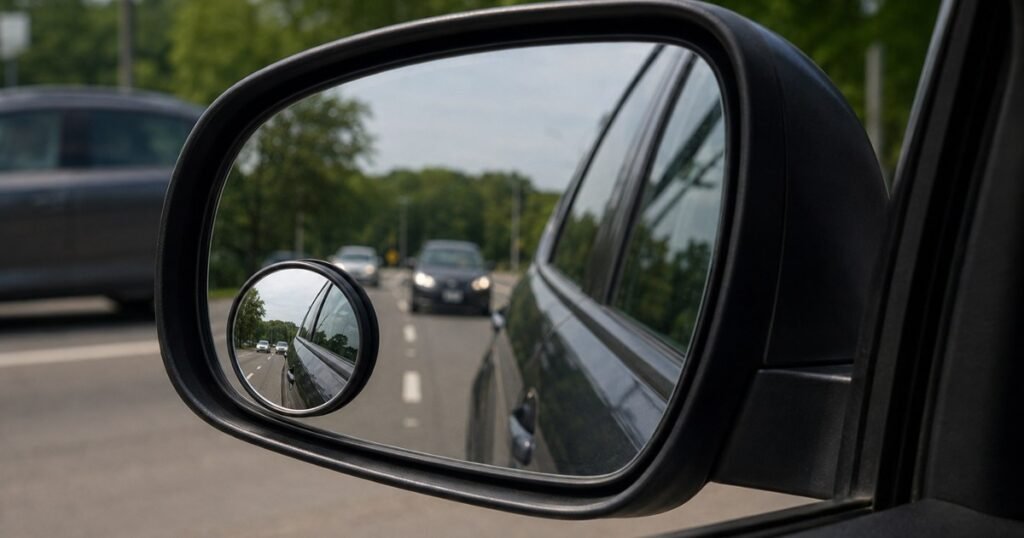 A small round convex blind spot mirror installed in the outer lower corner of a car side mirror showing the wide-angle view it provides of the adjacent lane