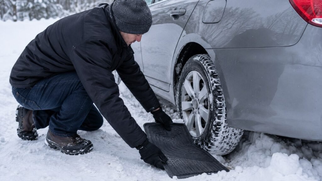 A person placing a car floor mat under a snow-stuck drive wheel to provide temporary traction for the spinning tire demonstrating the emergency unstuck technique