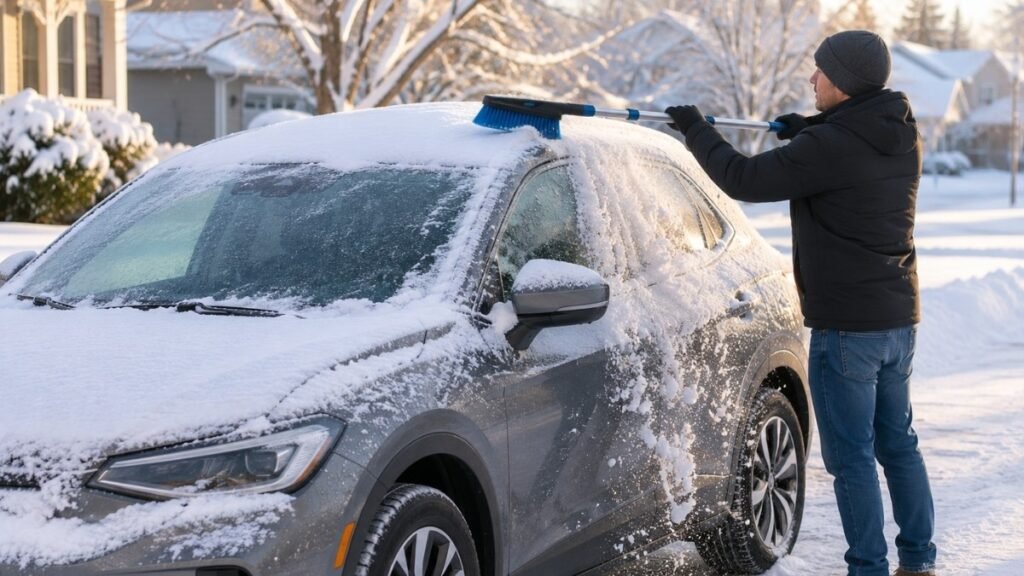 A person using a snow brush to clear snow from the roof and hood of a car before driving showing the important safety step of removing all snow not just the windshield