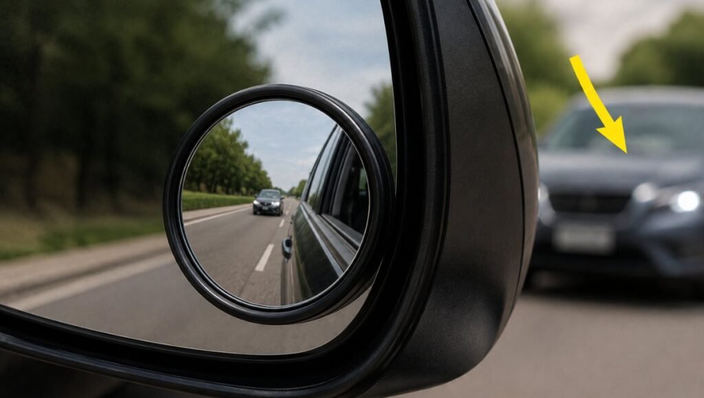 A convex blind spot mirror reflection showing a car in the adjacent lane that appears further away than it actually is illustrating the distance distortion of convex mirrors