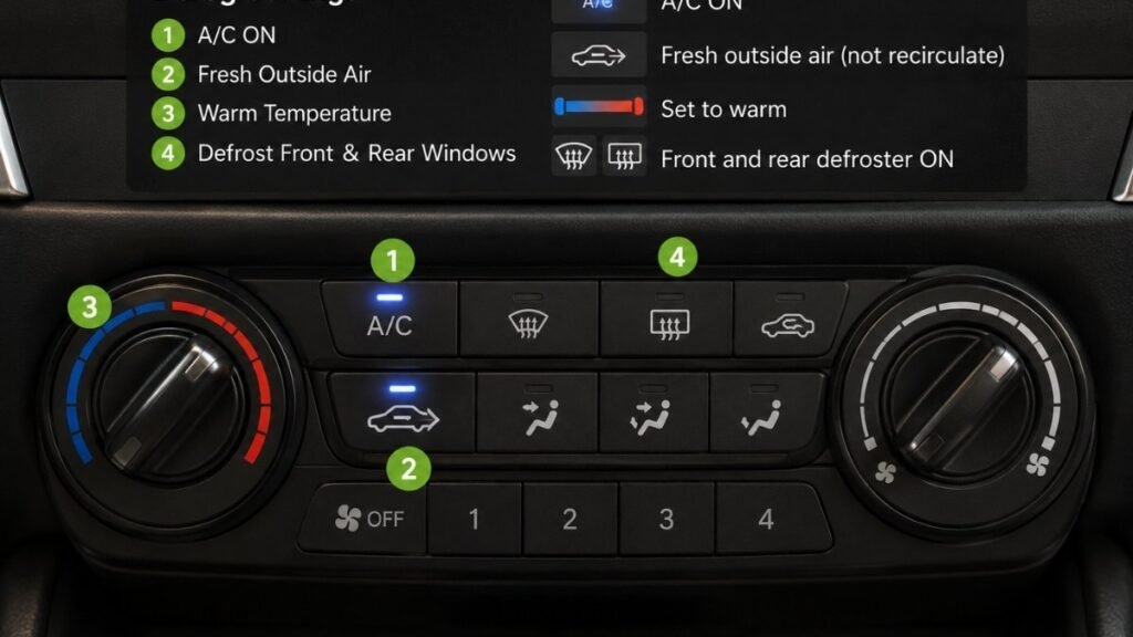 A car dashboard climate control panel showing the correct defog settings with AC activated fresh outside air selected and temperature set to warm for clearing a foggy windshield in winter