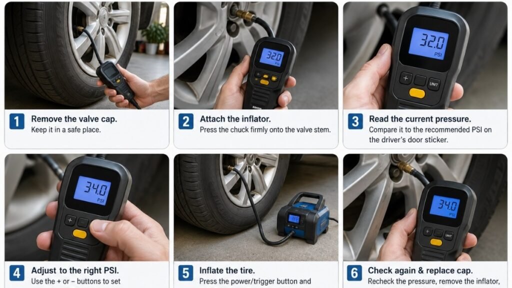 Step-by-step guide showing how to check and adjust tire pressure at home using a digital tire inflator
