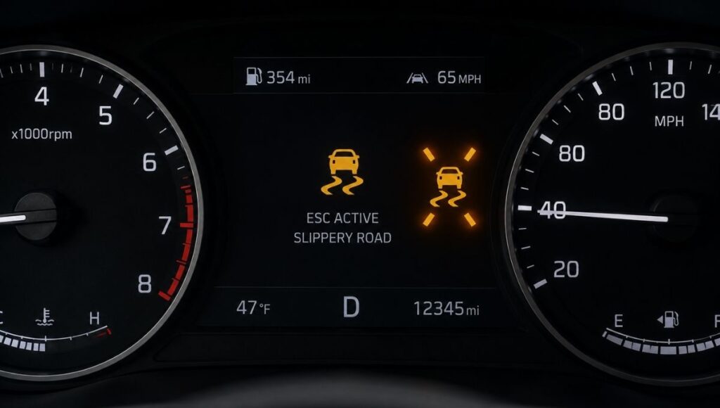 A car dashboard showing the electronic stability control ESC warning light flashing during system activation indicating the stability system is actively correcting a loss of traction