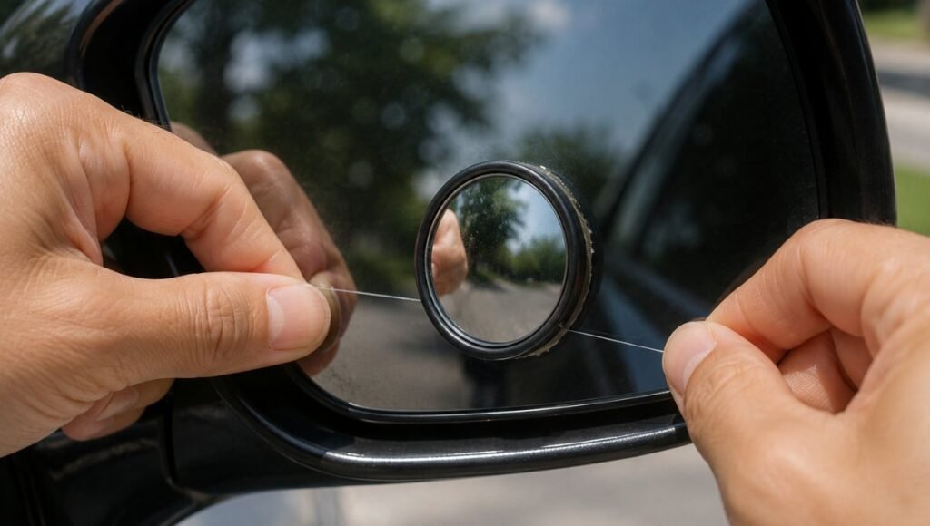 A hand using a piece of fishing line with a sawing motion behind a blind spot mirror to cut through the adhesive and safely remove it from the side mirror glass without damage
