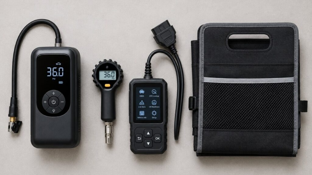 Flat lay of essential fuel-saving car tools including a digital tire inflator, tire pressure gauge, OBD2 scanner, and trunk organizer