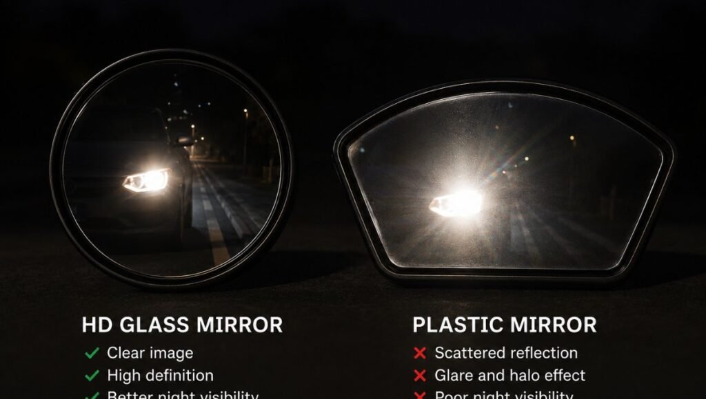 Side by side comparison of a glass blind spot mirror and a plastic blind spot mirror showing the clarity difference especially in low light conditions with headlight reflections
