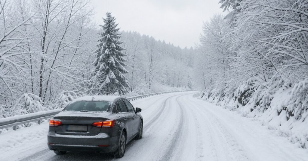 A car driving carefully on a snow-covered road in winter conditions with fresh snow on the road surface and snow-lined trees on either side showing safe winter driving