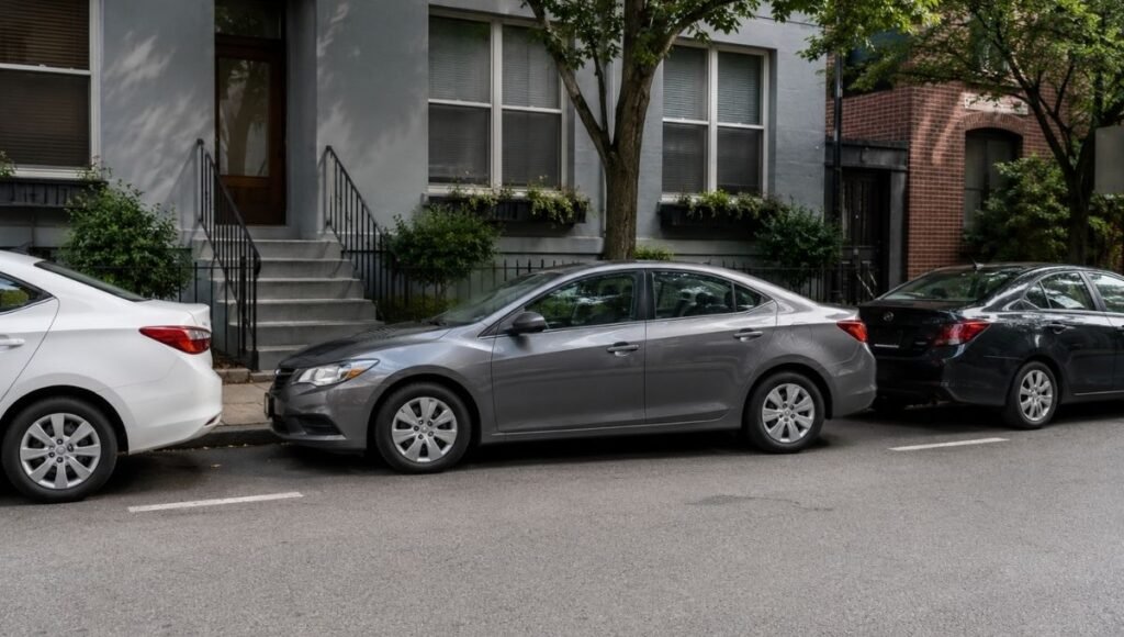 A car successfully parallel parked between two vehicles on a city street with the wheels close to the curb showing a completed parallel parking maneuver