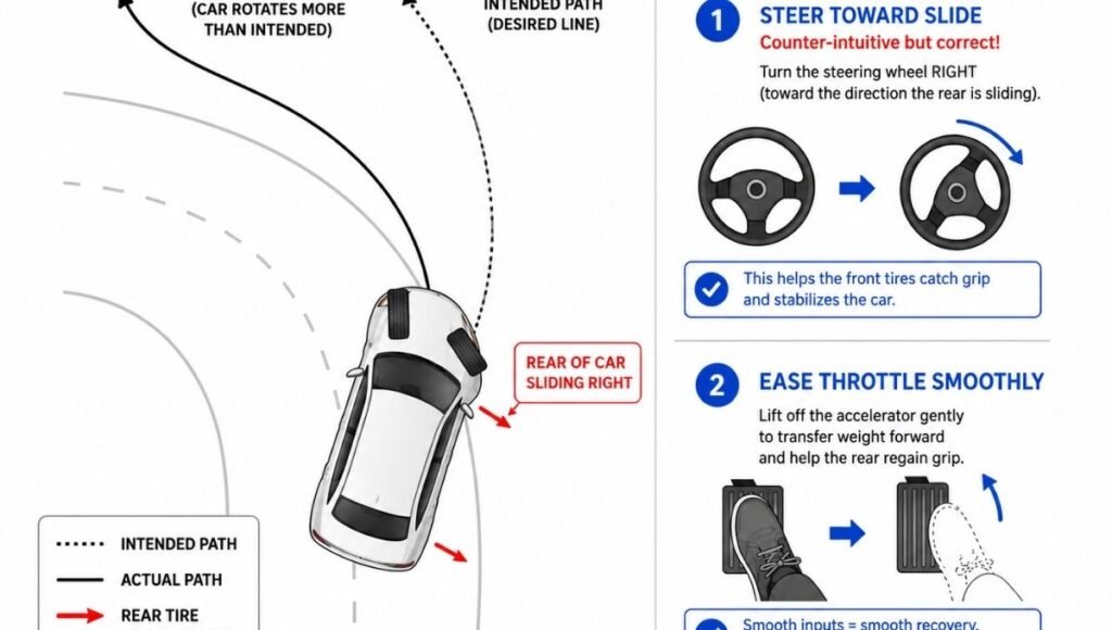 Diagram showing the counter-steering oversteer correction technique with the steering wheel turned toward the direction of the rear slide to recover from an oversteer skid