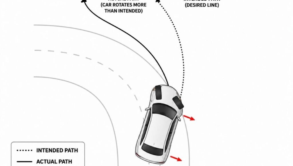 Top-down diagram showing oversteer where the rear wheels lose grip and the back of the car swings outward creating rotation beyond what the driver intended