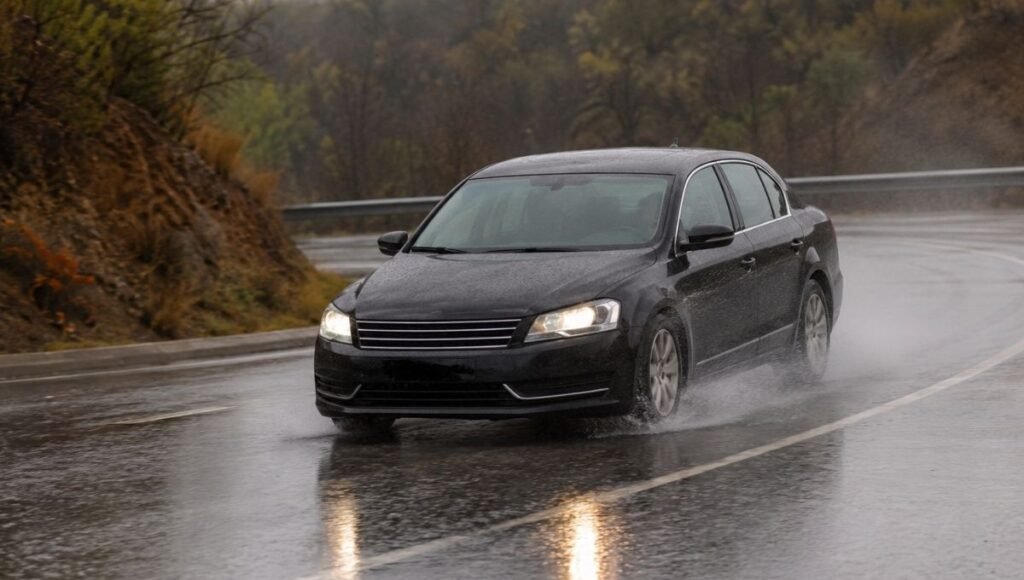 A car navigating a wet road corner showing tire spray and the dynamics of cornering grip at the limit of traction on a rainy road surface