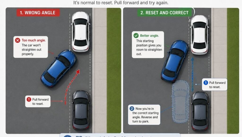 Diagram showing a driver pulling forward to reset angle during a parallel parking attempt demonstrating that starting over mid-maneuver is normal and expected