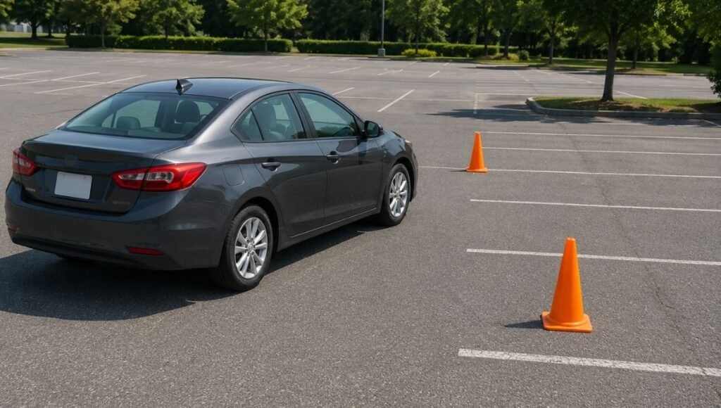 A person practicing parallel parking in an empty parking lot using two orange traffic cones placed on the ground to mark the front and rear boundaries of a practice parking space