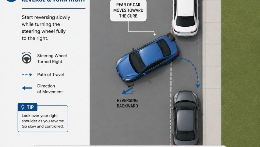 Top-down diagram showing the first phase of parallel parking with the car reversing with wheels turned right and the rear swinging toward the curb as the front swings outward