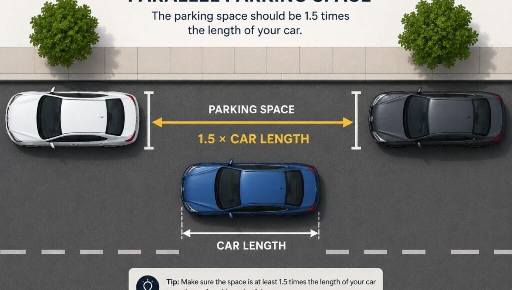 A top-down view diagram showing a parallel parking space that is 1.5 times the length of the car being parked with measurement indicators showing the minimum required space