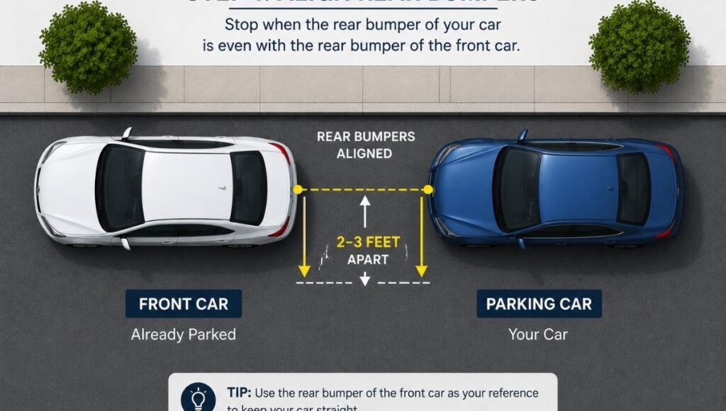 Top-down diagram showing a car positioned alongside the front parked car with bumpers roughly aligned as the starting position for parallel parking