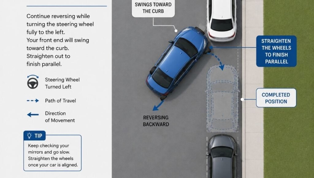 Top-down diagram showing the first phase of parallel parking with the car reversing with wheels turned right and the rear swinging toward the curb as the front swings outward