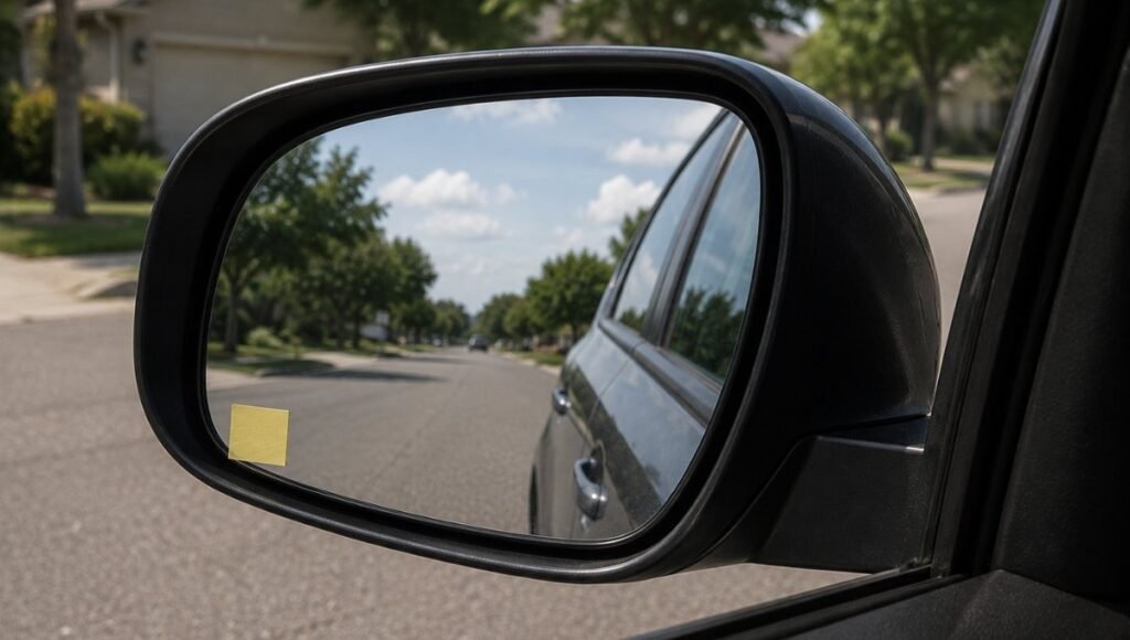 A small piece of yellow Post-it note paper taped to a car side mirror in the position where a blind spot mirror will be installed as a test before applying permanent adhesive