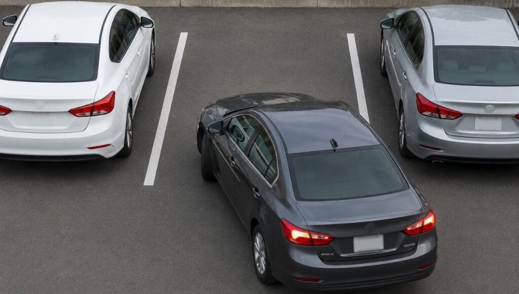 A car reversing into a perpendicular parking bay space in a parking lot showing the reverse parking technique with the car angled into the space rear-first