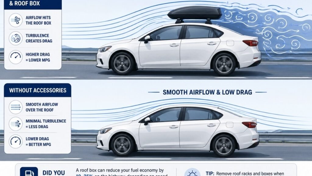 Visualization comparing aerodynamic drag from a roof rack and roof box versus a car with no roof accessories
