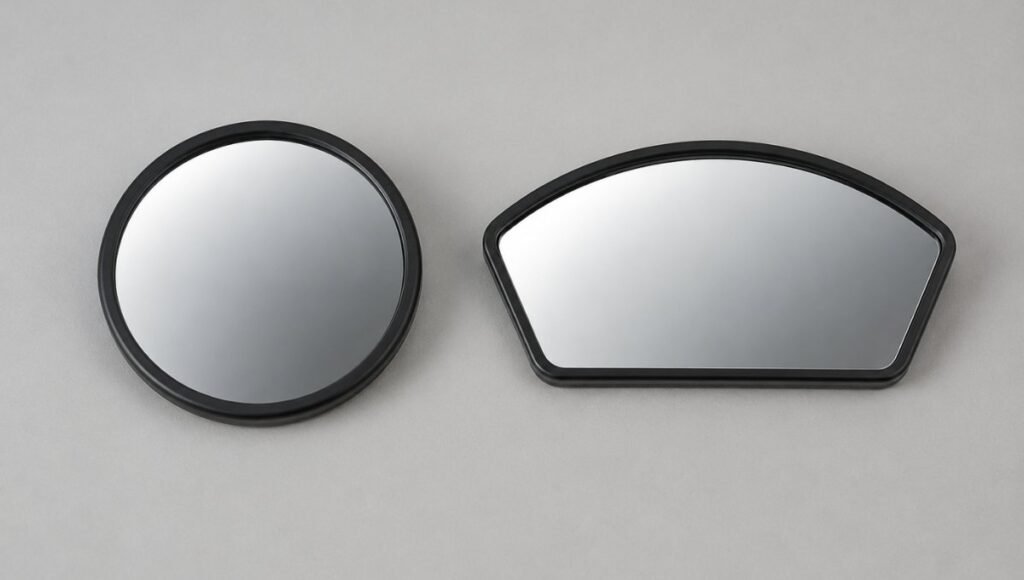 Two blind spot mirrors shown side by side for comparison — a round circular convex mirror on the left and a wedge fan-shaped mirror on the right showing the different coverage areas and profiles