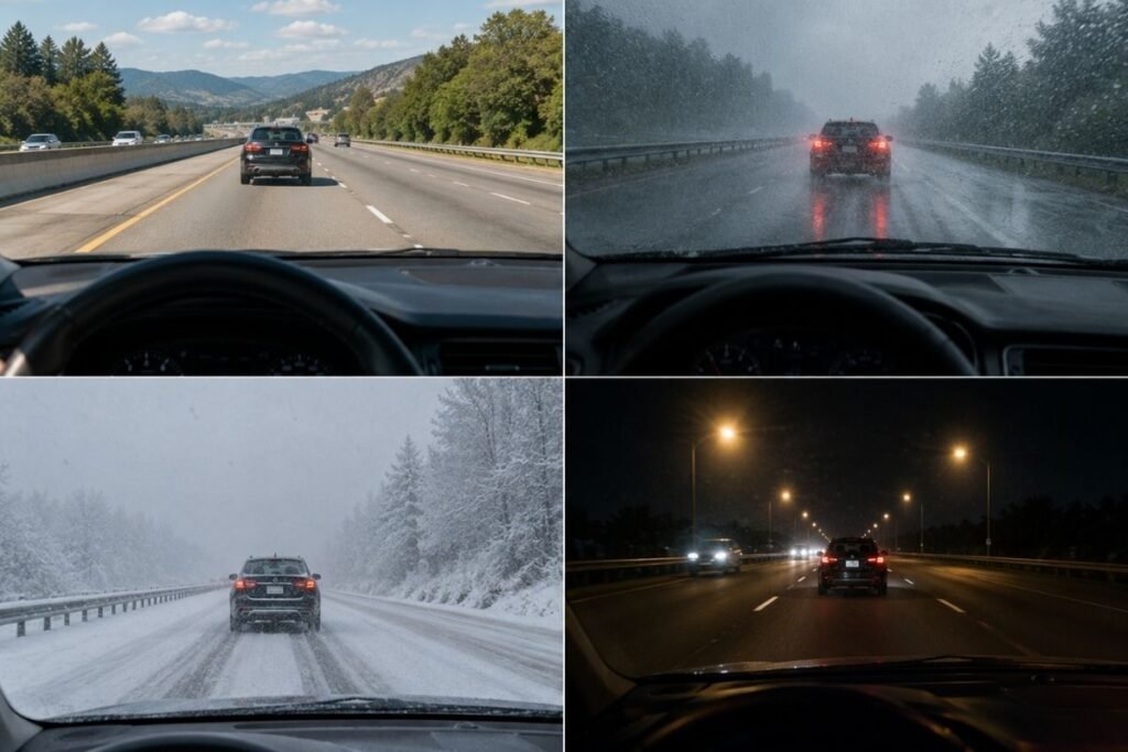 Safe following distances during rain, snow, and night driving