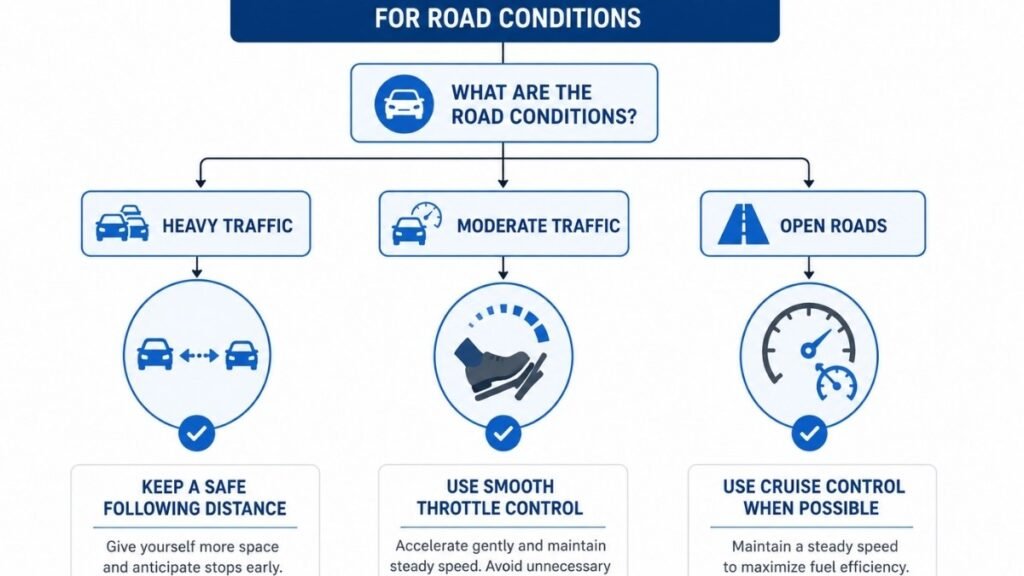 Flowchart illustrating fuel-saving driving techniques for heavy traffic, moderate traffic, and open roads
