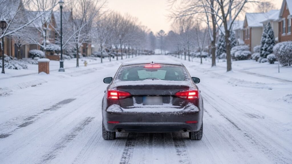 A car in a quiet snow-covered neighborhood street with the brake lights illuminated as the driver tests road grip with a gentle brake application before reaching main roads
