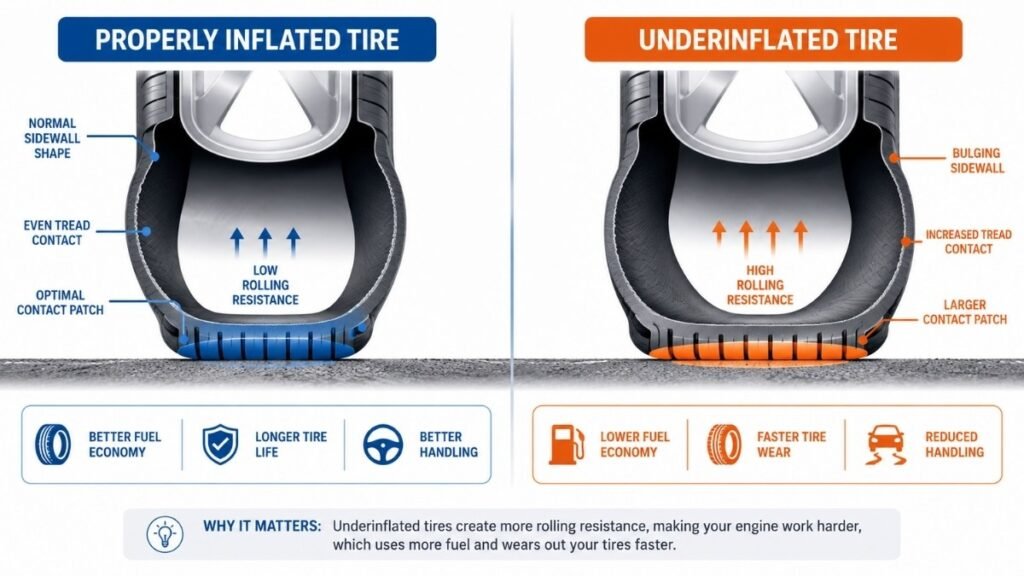 Comparison illustration of properly inflated versus underinflated tires showing increased rolling resistance
