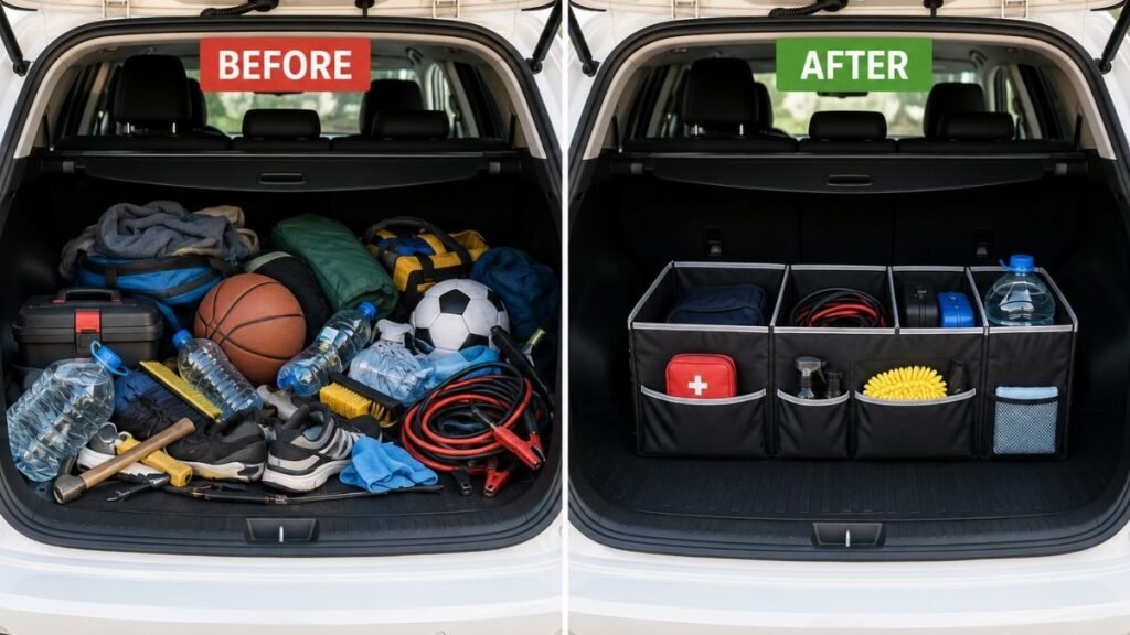 Before and after comparison of a cluttered car trunk versus an organized trunk with only essential items
