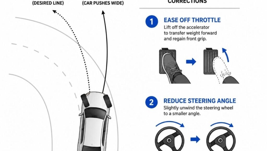 Diagram showing the correct understeer correction with arrows indicating to ease off the accelerator and slightly reduce steering angle to allow front tires to regain grip