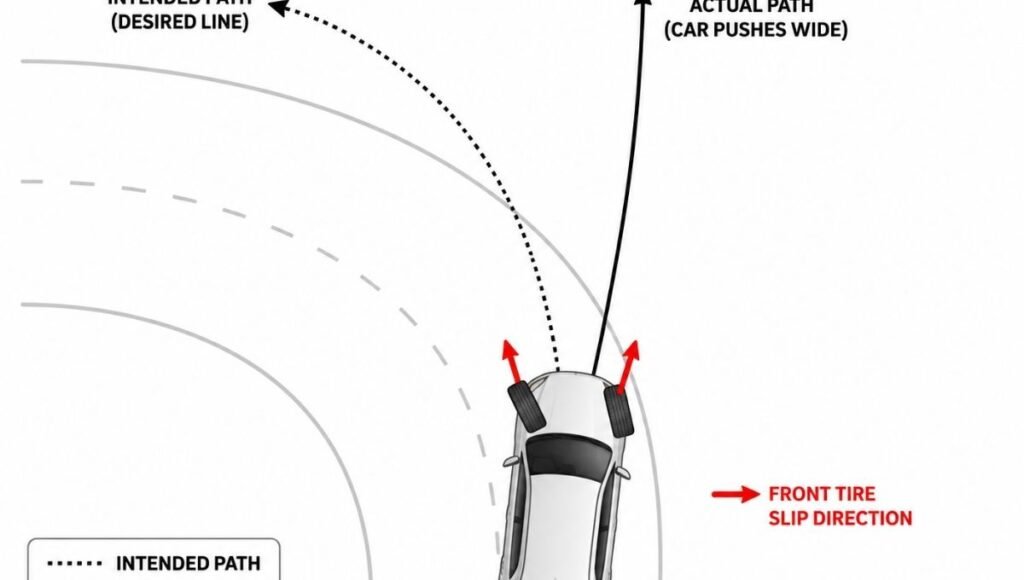 Top-down diagram showing understeer where the front wheels lose grip and the car pushes wide to the outside of the intended turn path instead of following the steering input
