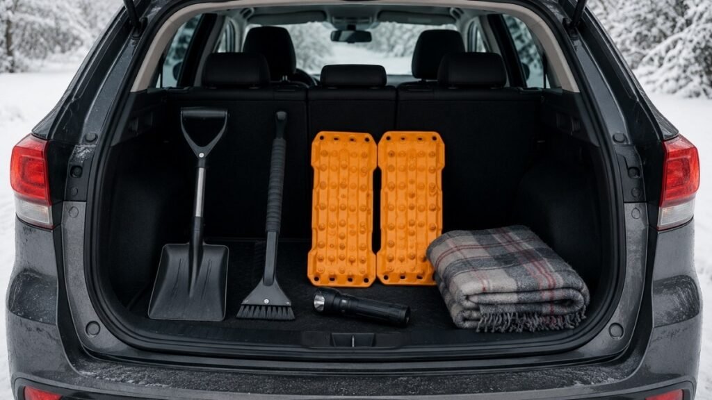 A car trunk showing a winter emergency kit including a folding snow shovel ice scraper traction mats flashlight and blanket organized and ready for winter driving emergencies
