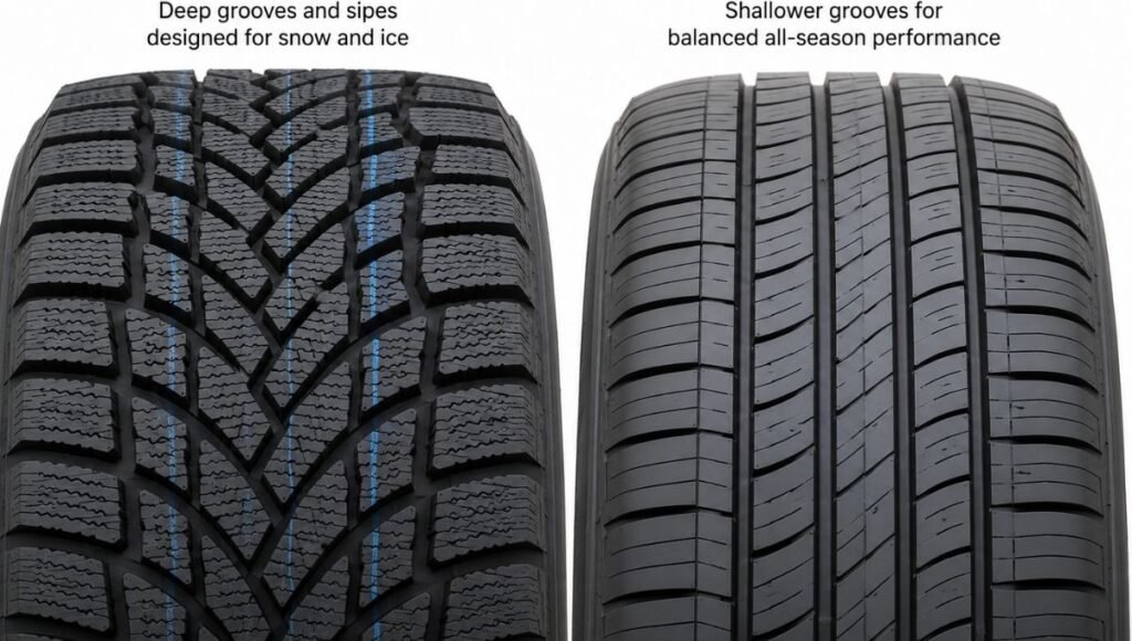 Side by side comparison of a winter tire tread pattern and an all-season tire tread pattern highlighting the deeper more aggressive grooves of winter tires designed for cold weather grip