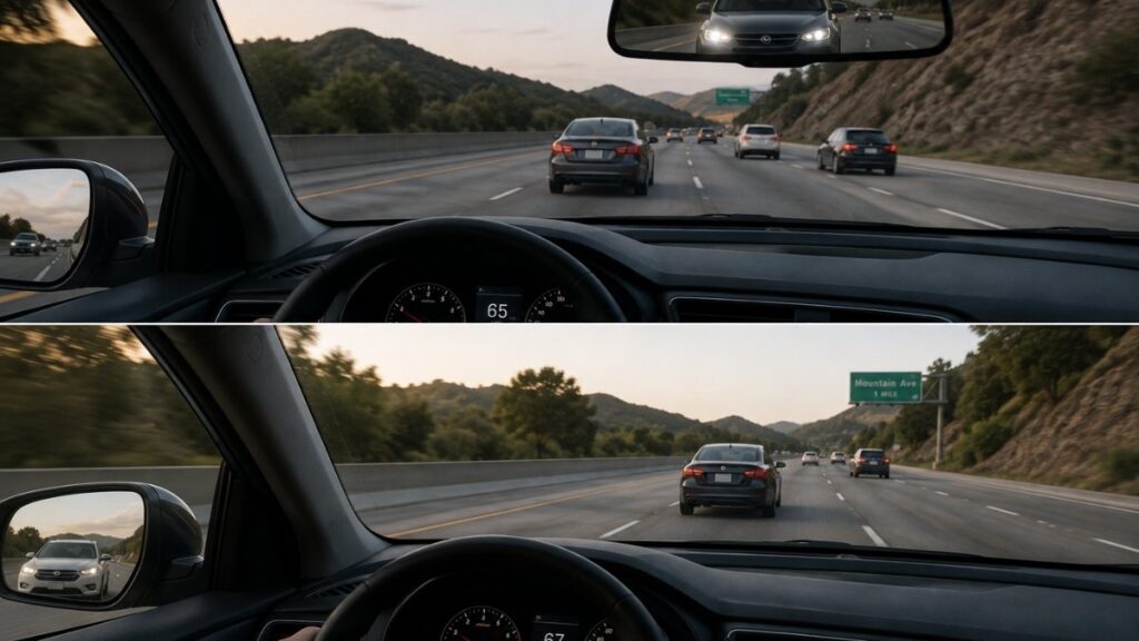 Driver responding safely to an aggressive tailgater using defensive driving techniques