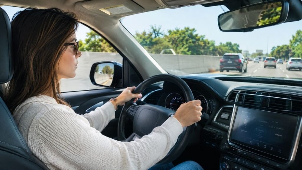 Driver scanning traffic and checking mirrors while practicing defensive driving habits