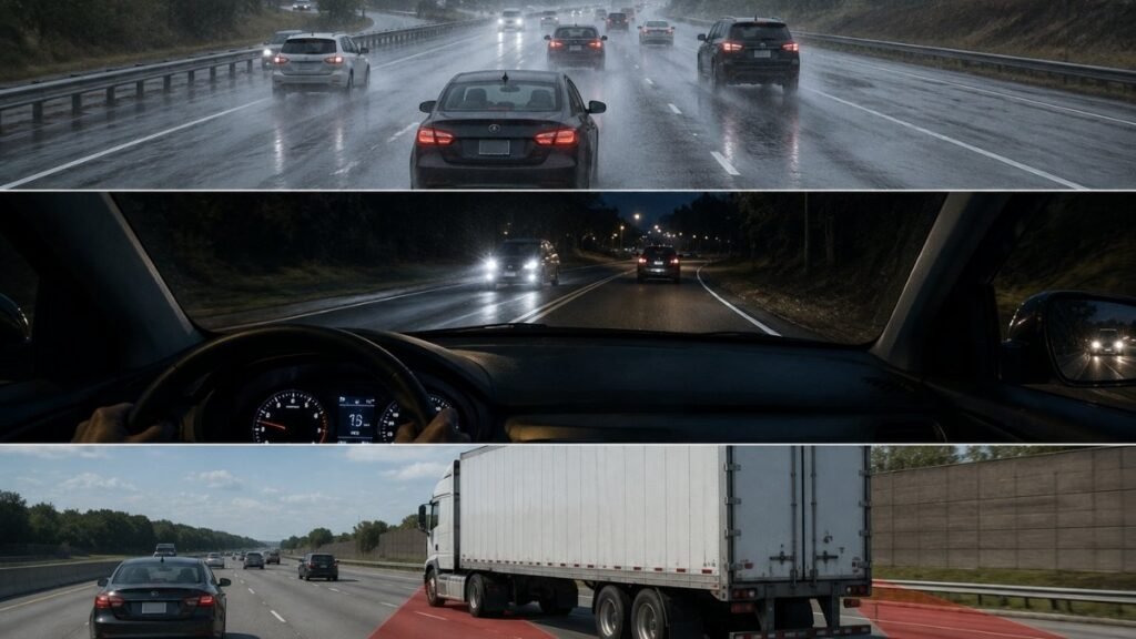 Defensive driving techniques for rain, night driving, and large truck blind spots