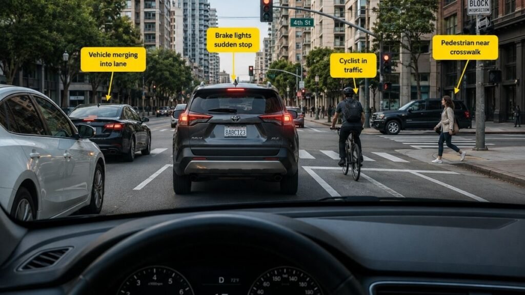 Defensive driver identifying potential road hazards before they become dangerous